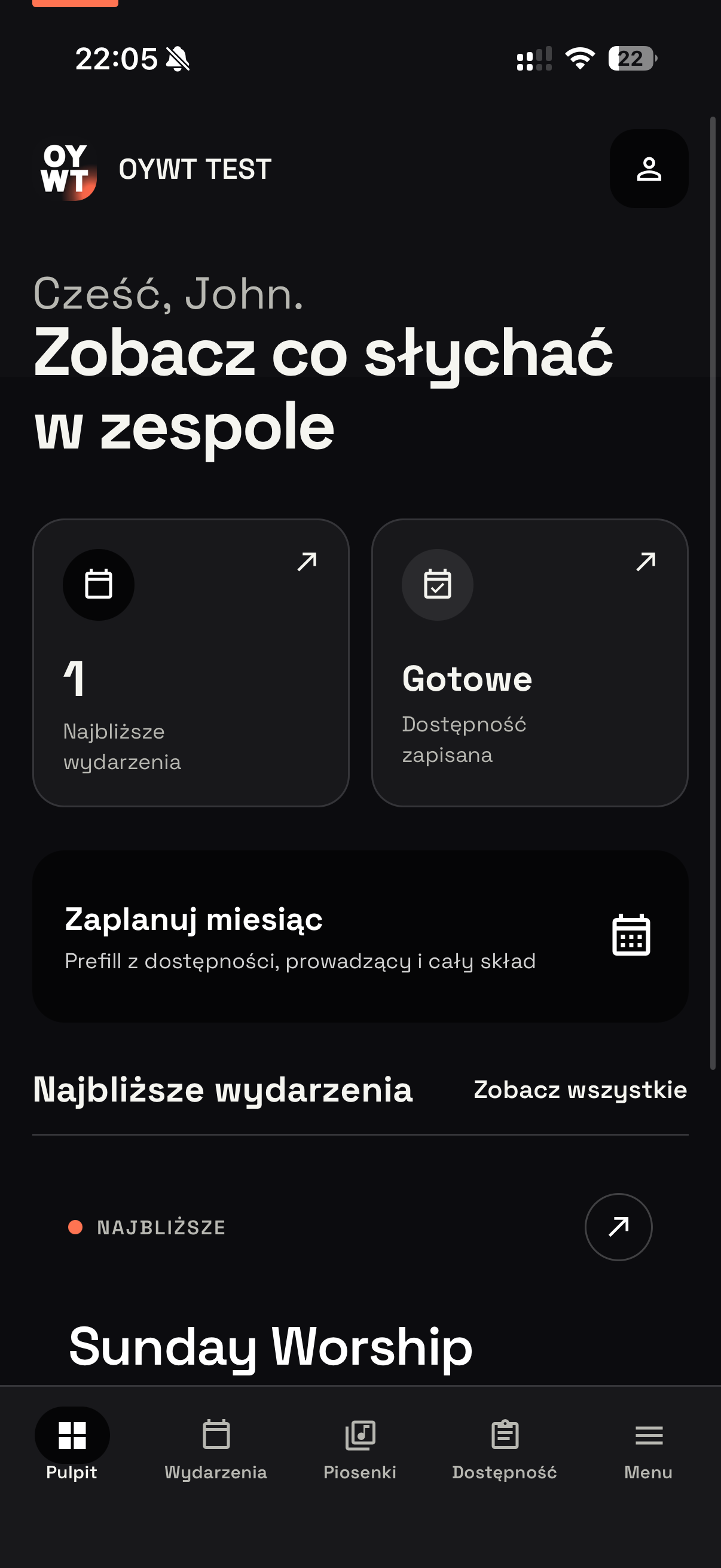 Mobilny pulpit OYWT z wydarzeniami czekającymi na odpowiedź.