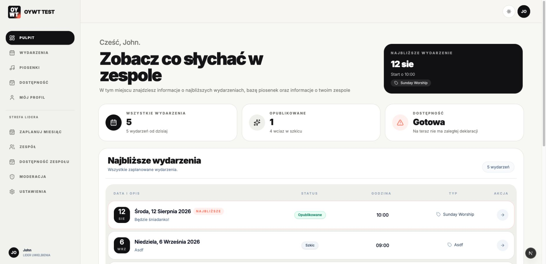 Panel OYWT z najbliższymi wydarzeniami, dostępnością i listą wydarzeń.